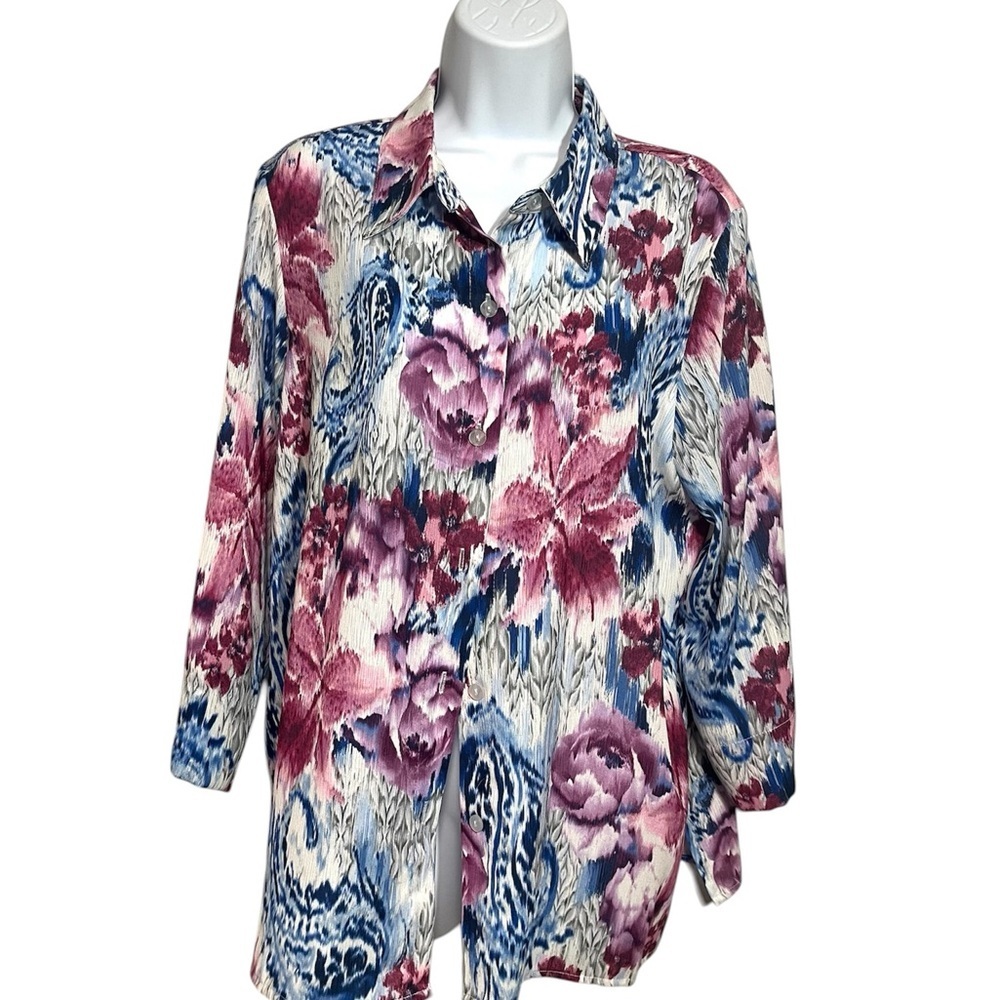 Alfred Dunner Floral Button-Down Shirt in Pink & Blue Size Medium Abstract